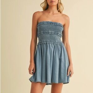 Stile Denim Smocked Tube Flared Cotton Mini Dress in Blue Size Small